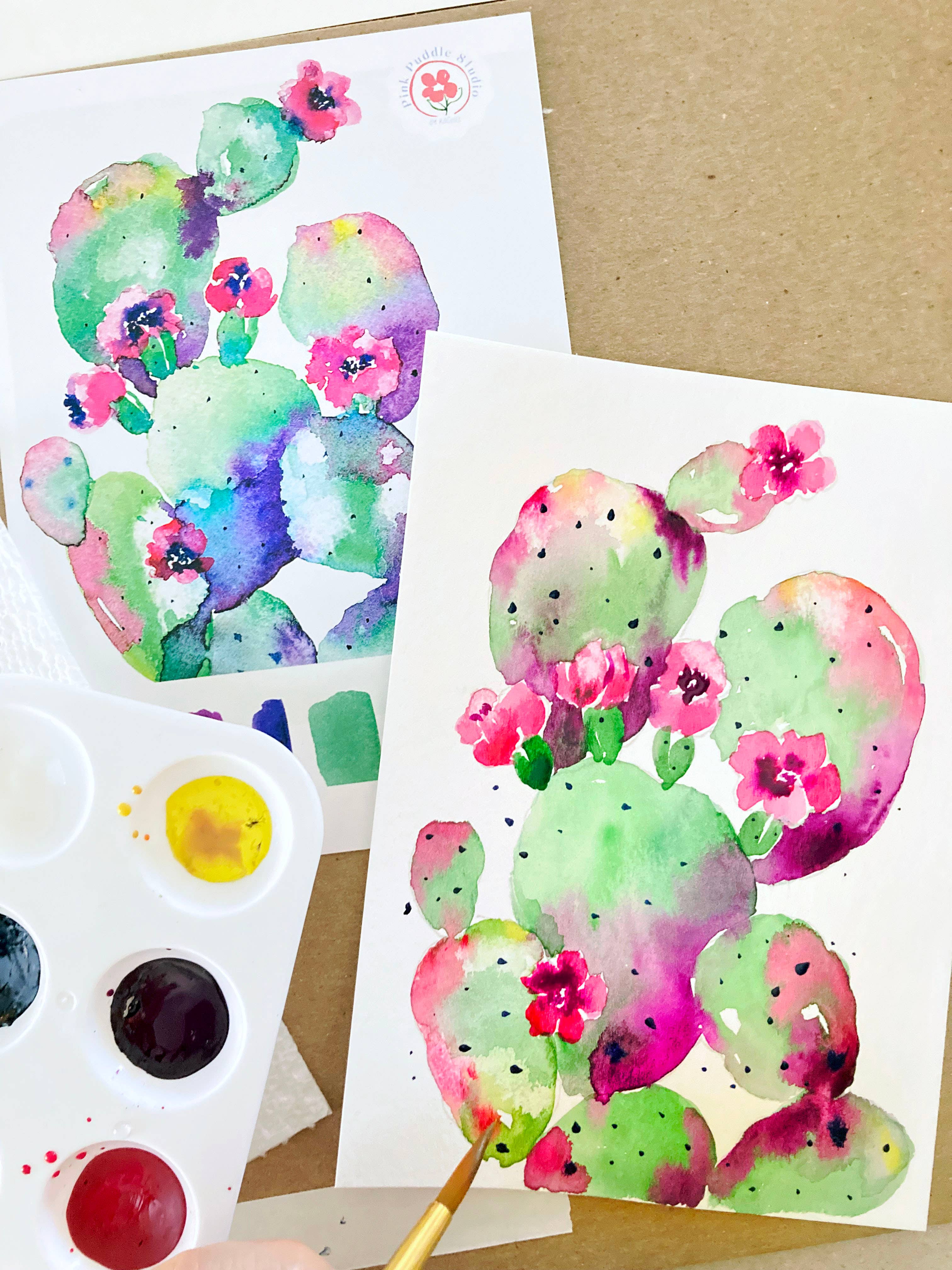 Pink Puddle Studio - Wholesale DIY Craft Kit - Prickly Pear Cactus & Peony Flowers Watercolor DIY Paint Kit3