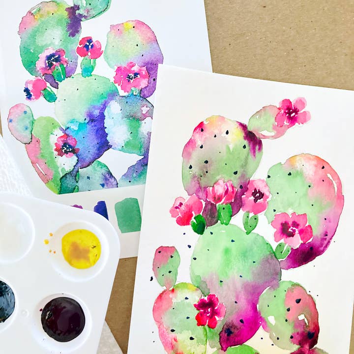 Pink Puddle Studio - Wholesale DIY Craft Kit - Prickly Pear Cactus & Peony Flowers Watercolor DIY Paint Kit3