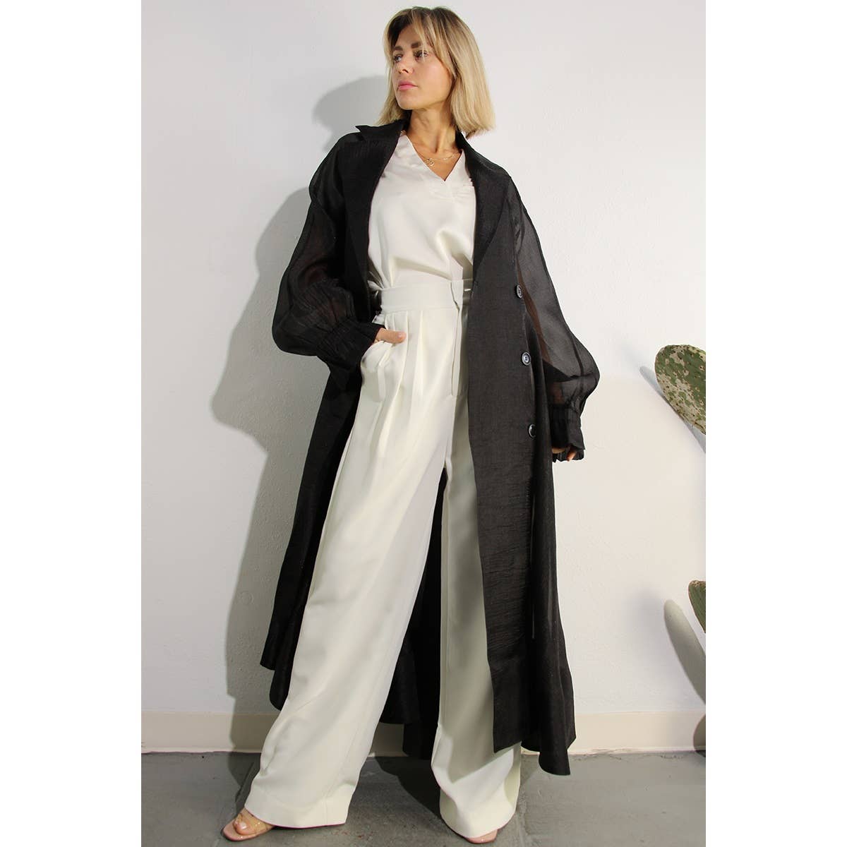 BLACK METALLIC ORGANZA TRENCH COAT for wholesale on Faire6