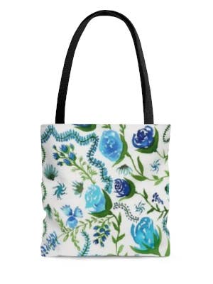 Blue Floral Tote Bag, Reusable Market Bag, Library Tote for wholesale by Lone Fir Artisans