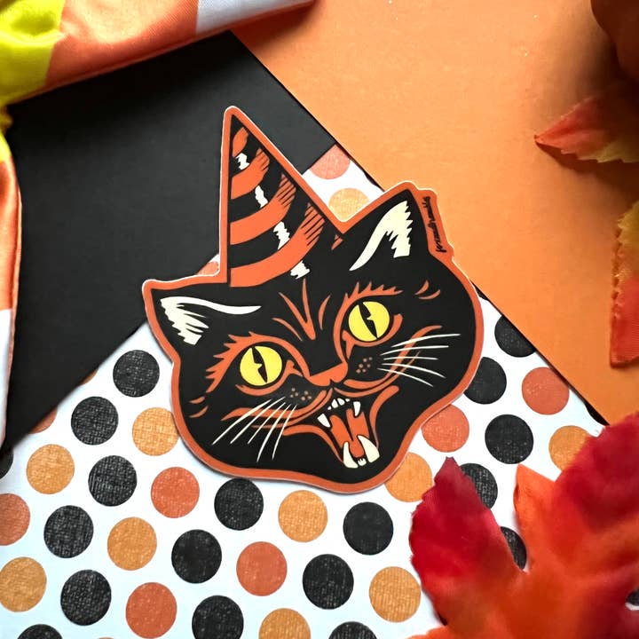 Vintage Halloween Cat Vinyl Sticker for wholesale by Fox and Brambles