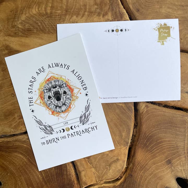 Burn the Patriarchy POSTCARD - TAURUS POSTCARD - LEO for wholesale by Heather Gerni Art & Design