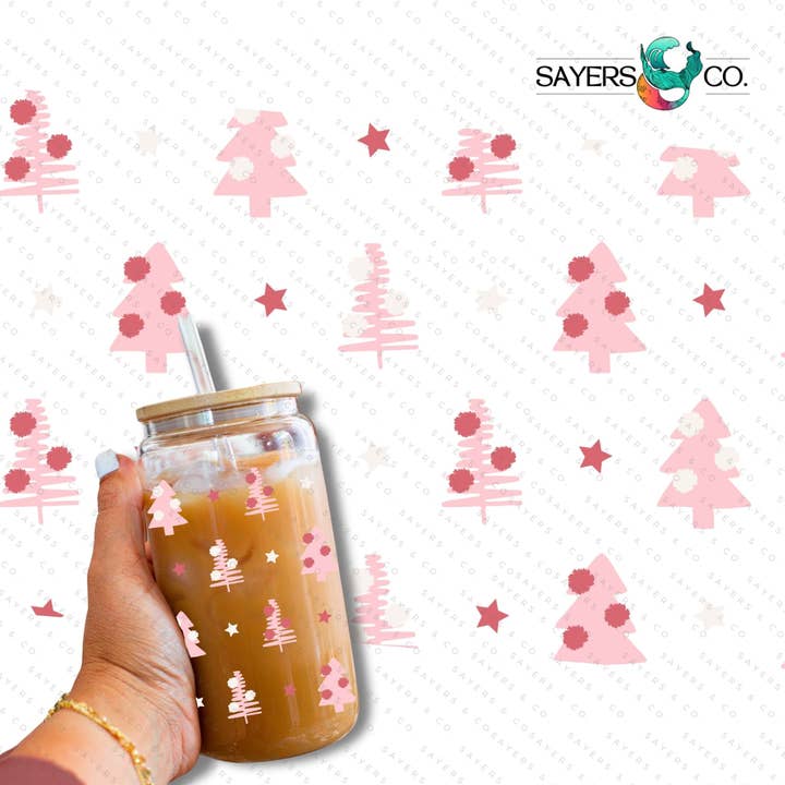 PRINTED Sublimation Transfer or Vinyl Print: Pink Christmas Trees 16oz Print for wholesale by Sayers & Co.