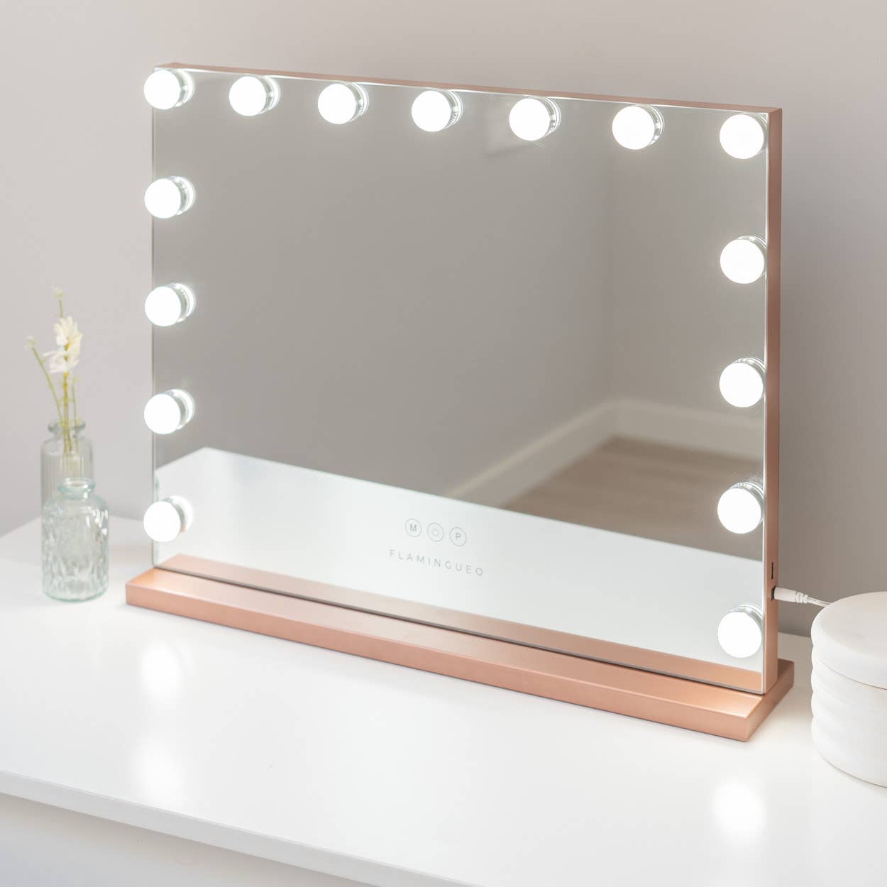 Flamingueo - Vendita all'ingrosso Specchi da trucco - Specchio rosa oro con 15 luci LED Hollywood e 3 modalità di illuminazione6