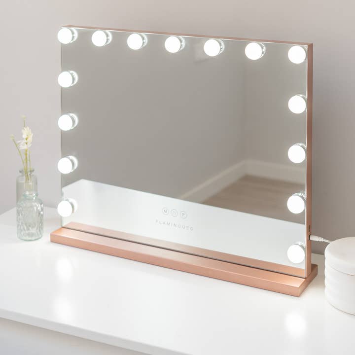 Flamingueo - Vendita all'ingrosso Specchi da trucco - Specchio rosa oro con 15 luci LED Hollywood e 3 modalità di illuminazione6