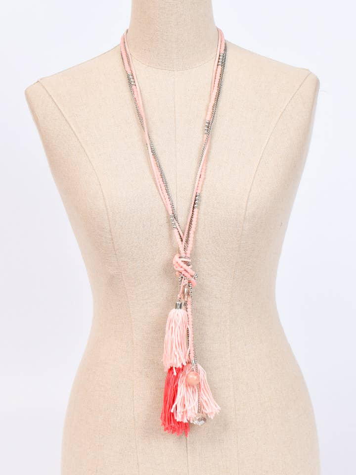 Long necklace with fringes and knot for wholesale by Victoria Moda