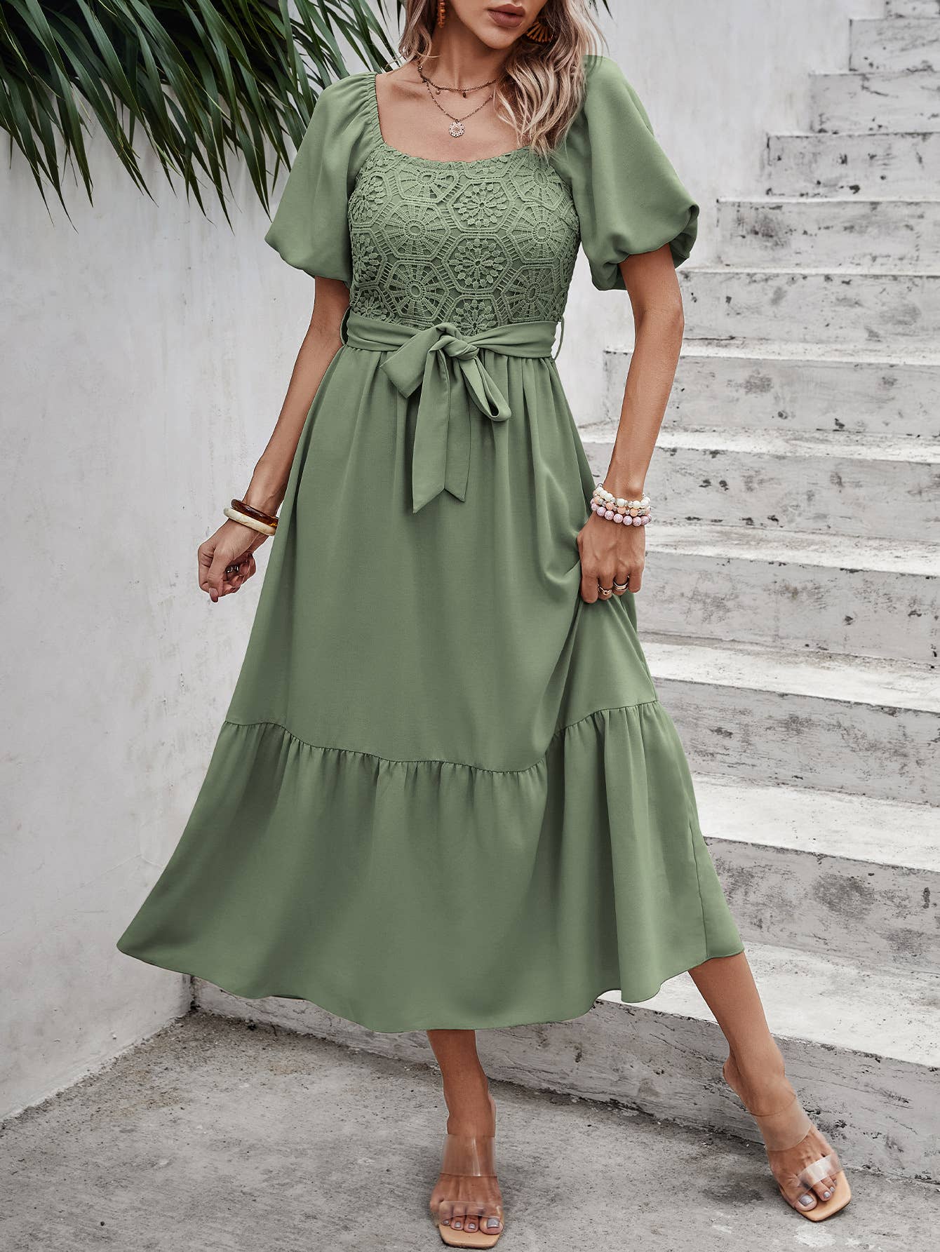 eLook - Wholesale Jurk - Dames - SZ1-DR1008 Midi-jurk met haakdetails en pofmouwen en riem26