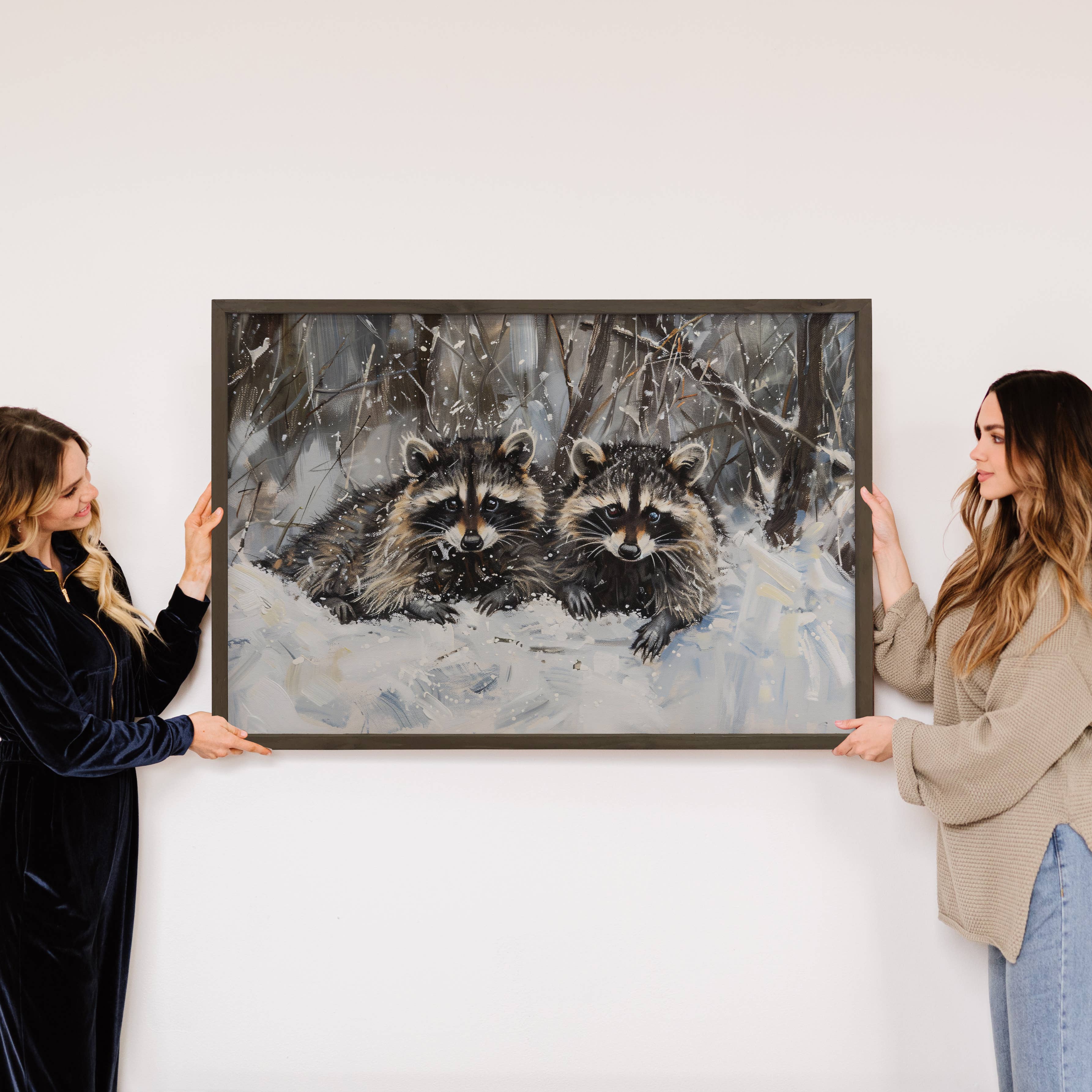 Hangout Home - Wholesale Art Print - Two Racoons in Snow - Winter Animal Canvas Art - Cabin Decor4