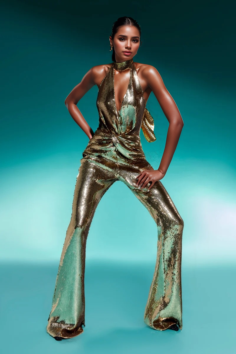 Productseeker - Vendita all'ingrosso Tuta intera - Donna - JP018 Tuta con paillettes dorate, scollo all'americana e vita plissettata3