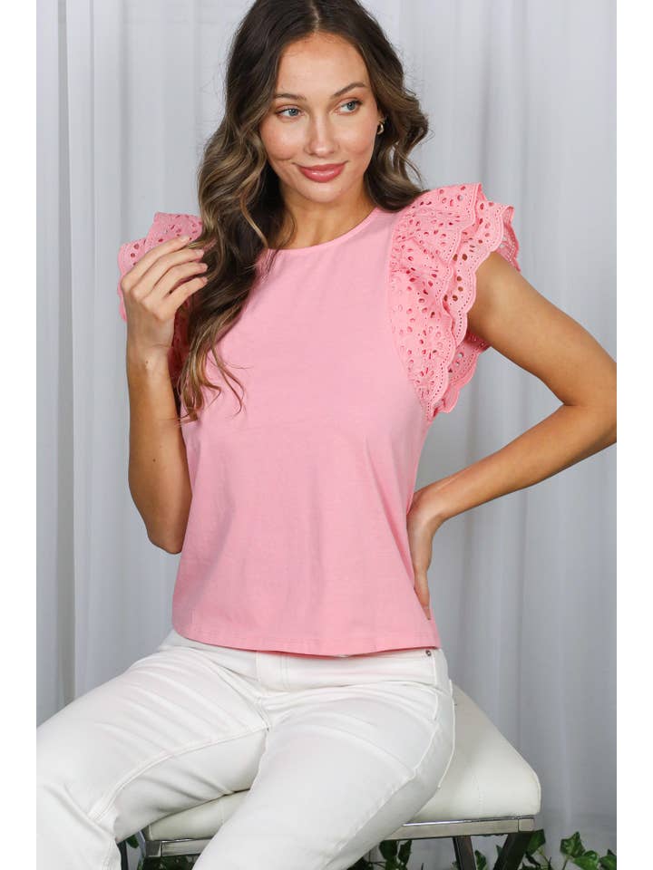 Vine & Love - Wholesale Blouse - Women's - Crew Neck Eyelet Lace Ruffled Sleeve 100%Cotton Top VT82646-