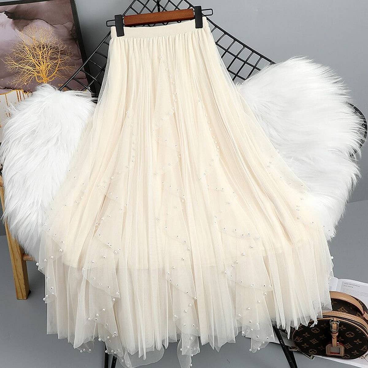 ACCITY - Wholesale Skirt - Women's - BEADED MESH PLEATED SKIRT A LINE TULLE SKIRT_CWBLS03985
