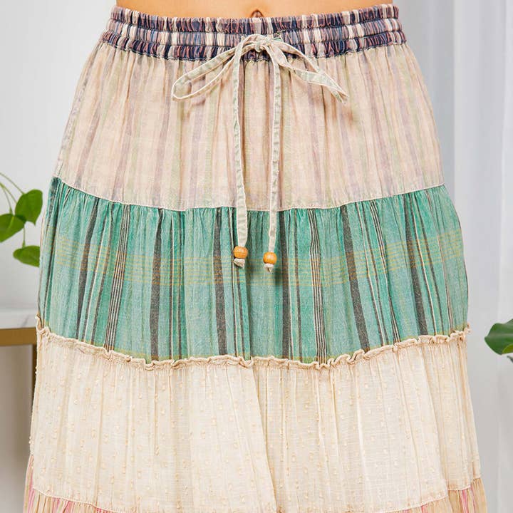 Young Threads - Wholesale Skirt - Women's - Vintage Vibes: Crinkled Tiered Skirt With Mixed Cotton Dobby7