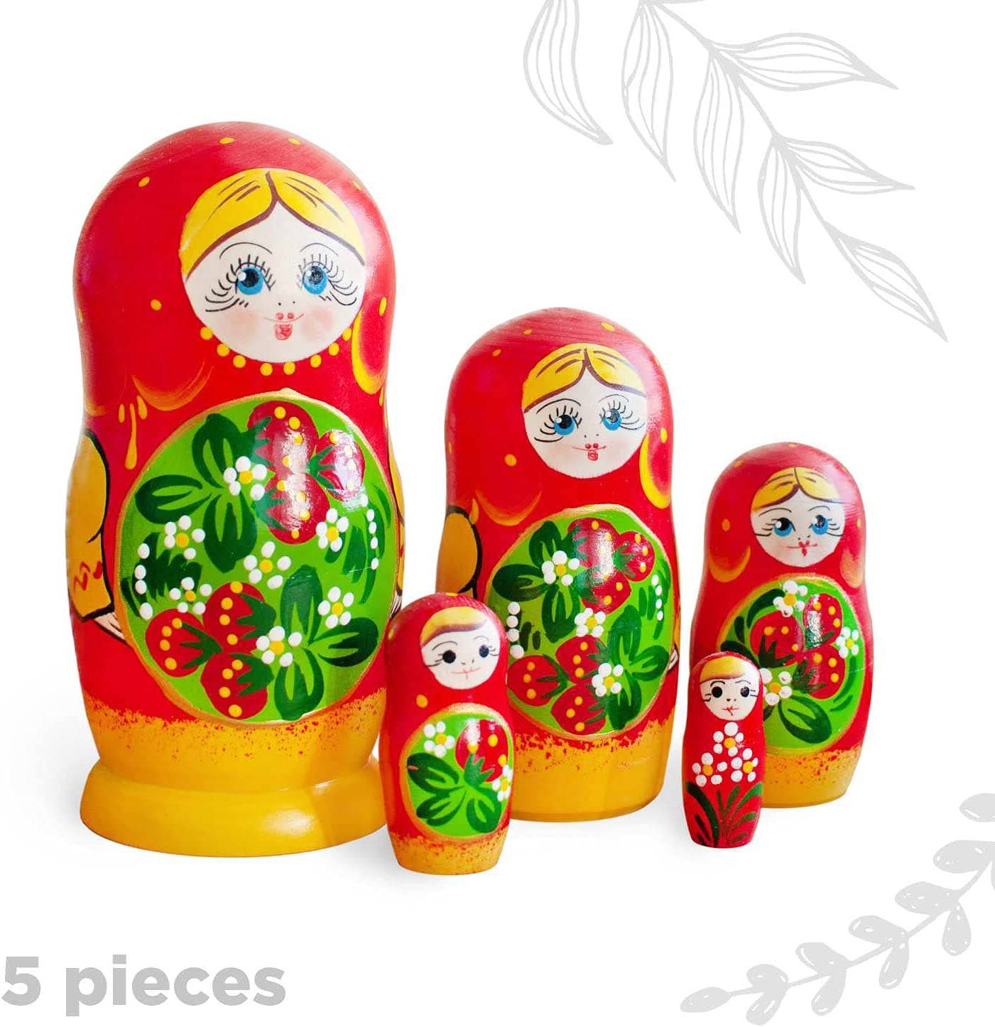 GSZ corporation DBA Gabriella's Gifts - Wholesale Doll - Kids - Red Yellow Strawberry Floral Nesting Dolls Set, 5 Pcs/6"2