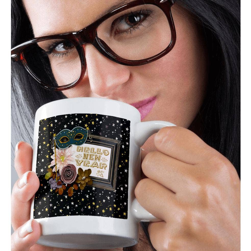 3dRose - Wholesale Coffee Mug - 3dRose, Image of Hello New Year, Mask, Flora Frame, Star Print, Gold Black, Mug9