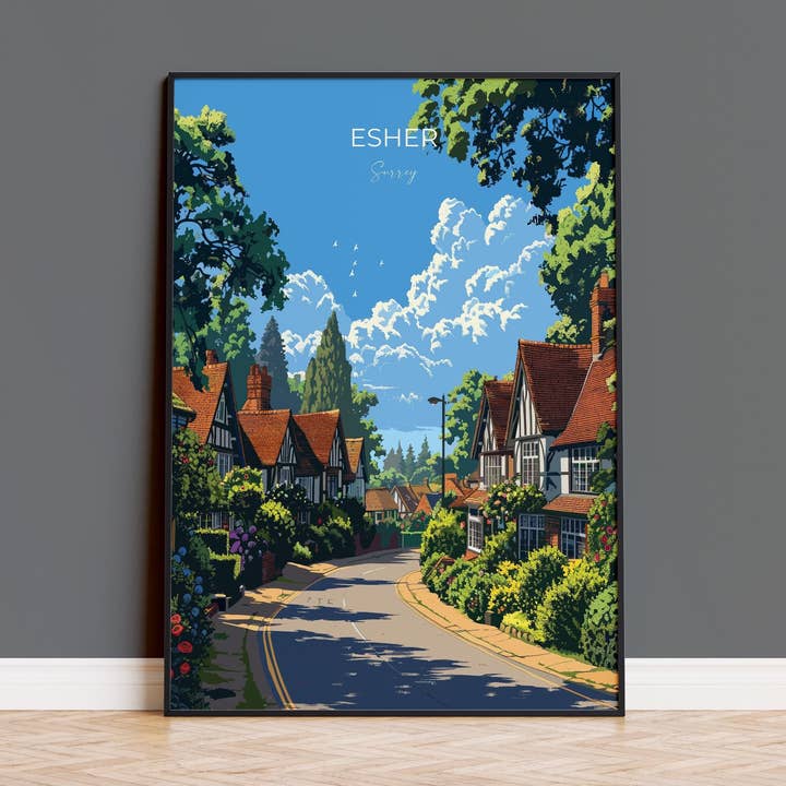 Esher Travel Poster, Travel Print of Esher, Surrey Poster, Esher Wall Art Gift, London Art Lovers UK Travel Gift for wholesale by NQ Media Designs