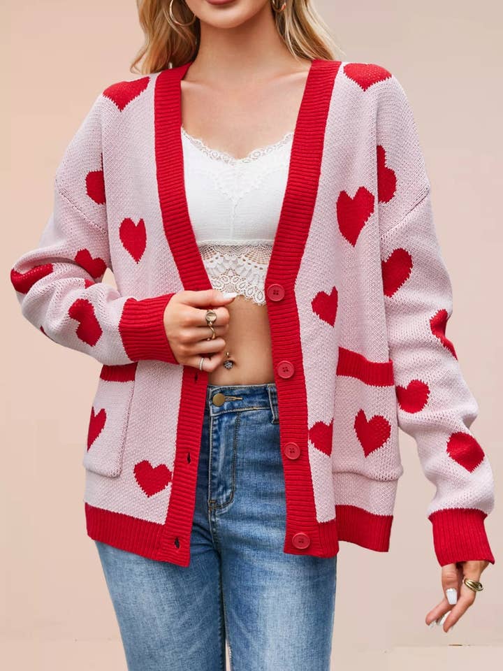 Heart Pattern Button-Up Knit Cardigan for wholesale by React Activewear