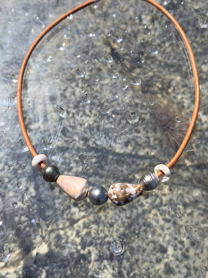 Leather, Pearl + Shell Necklace for wholesale by Nani Shells