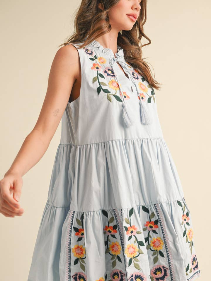 &MERCI - Wholesale Dress - Women's - FLORAL EMBROIDERY TIERED MINI DRESS MDR38413