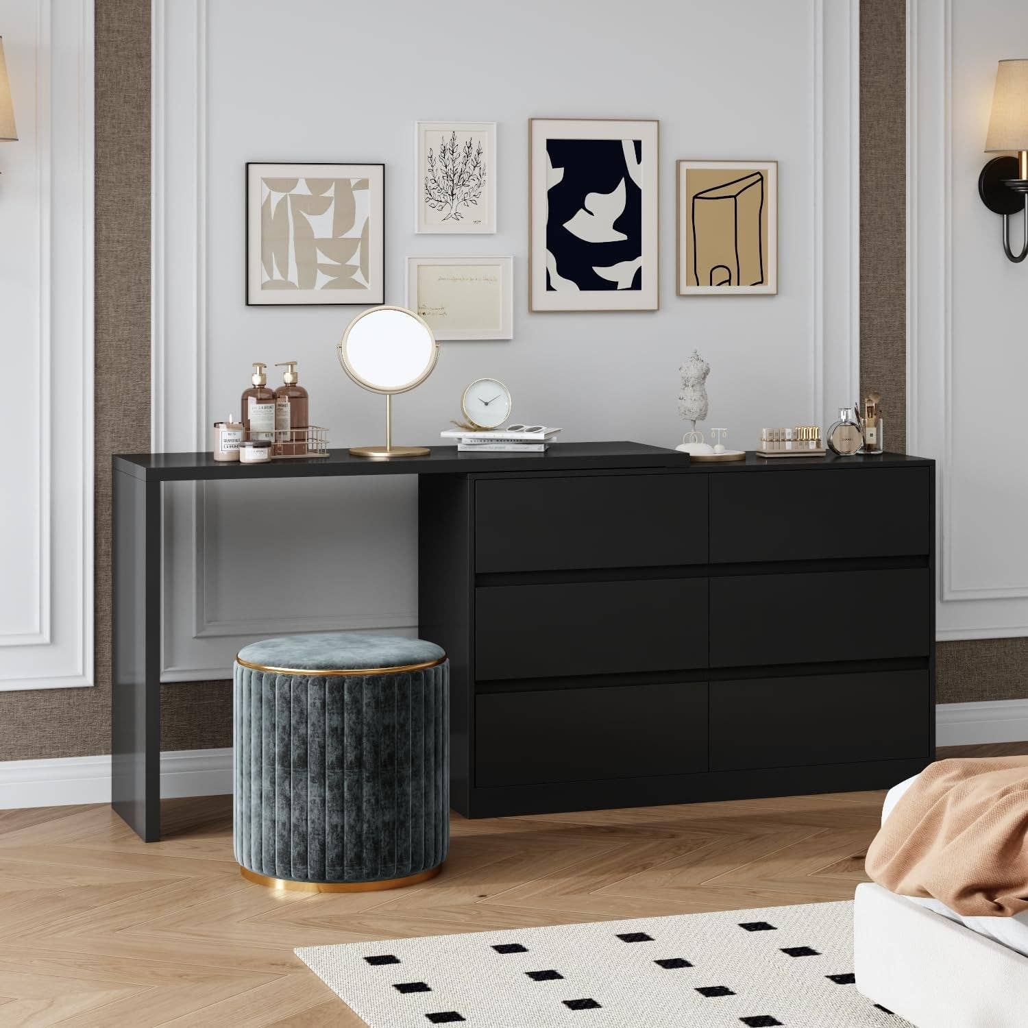 Black 6 Drawer Dresser With Rotatable Extendable Tabletop for wholesale on Faire1