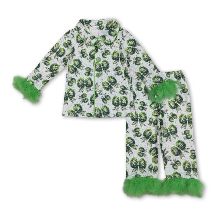 Green face bow baby girls Christmas button down pajamas for wholesale by Yawoo Garments