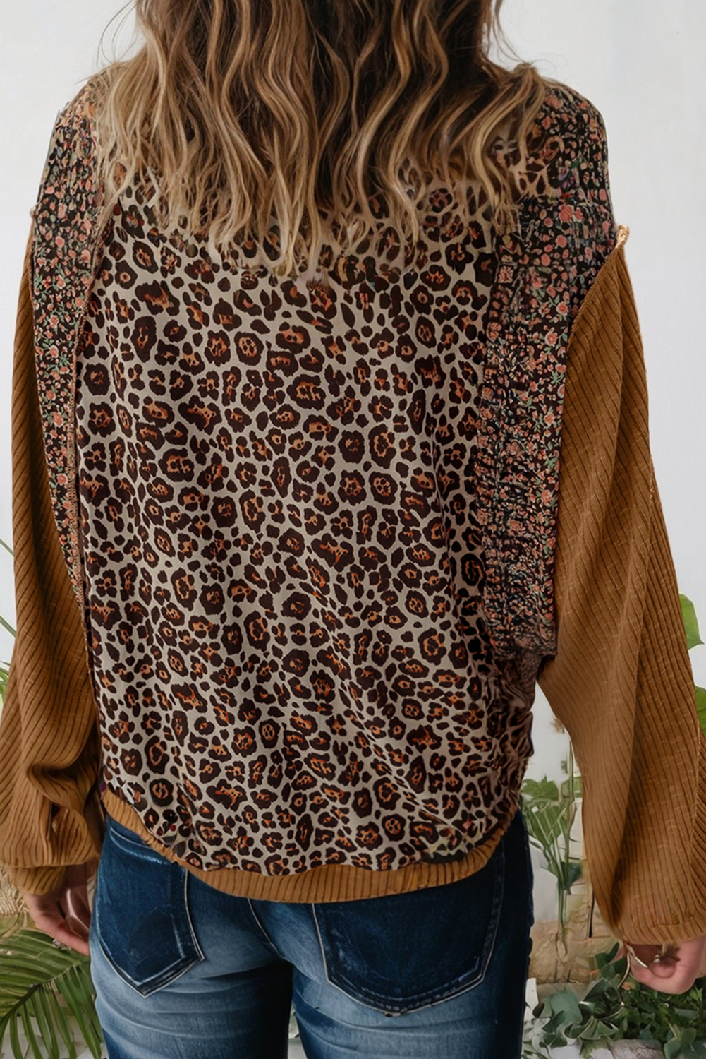 Brown Leopard Print Ribbed Puff Sleeve Patchwork Pullover Top for wholesale on Faire1