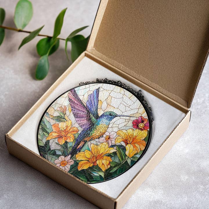 TMLECOM LTD – wholesale Suncatcher – Hummingbird Glass Suncatcher, ,Bird With Flower Window Decor3