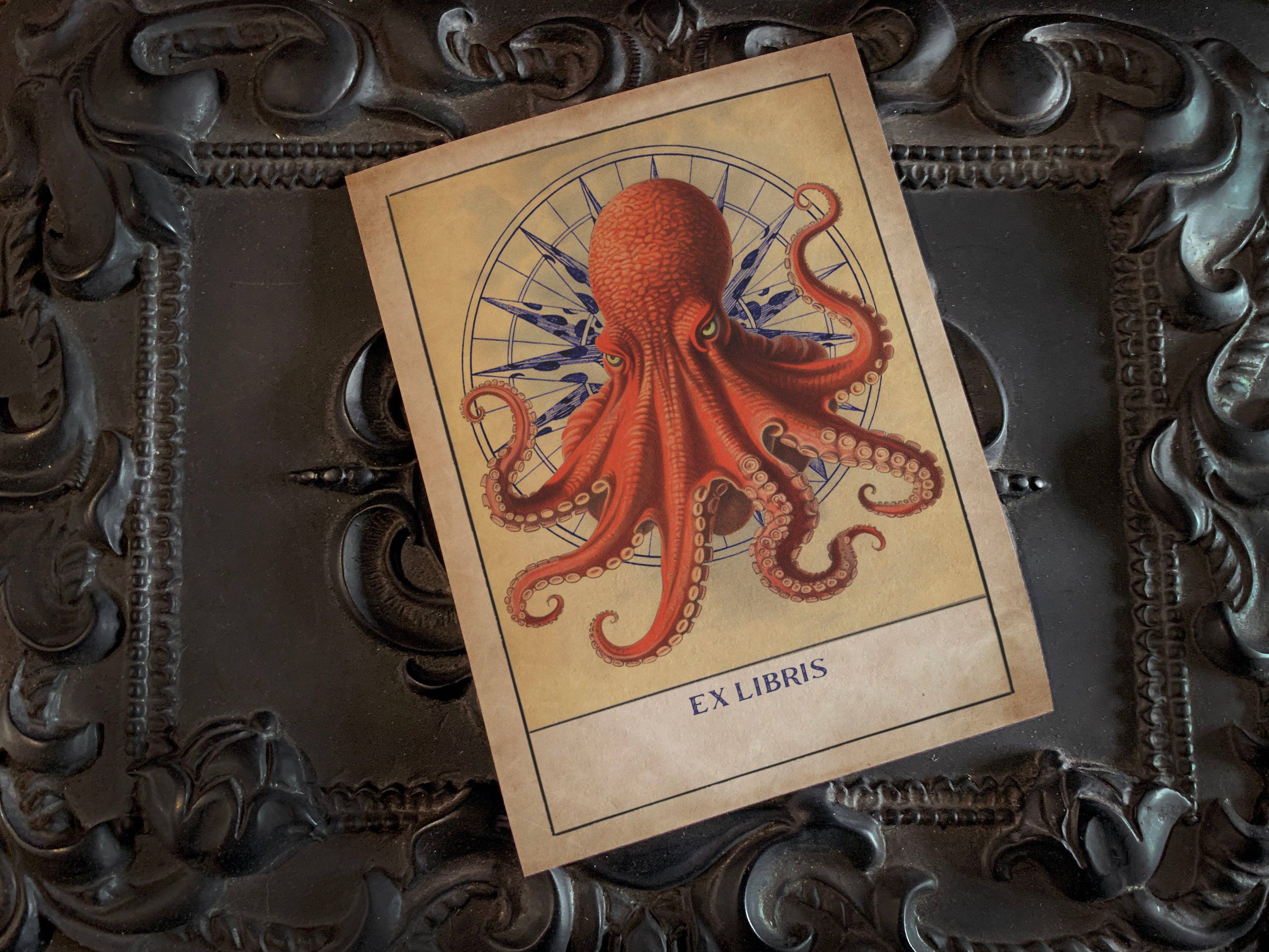 Ebon et Noir LLC - Wholesale Book Plate - Red Octopus, Gummed Paper Ex-Libris Bookplates
