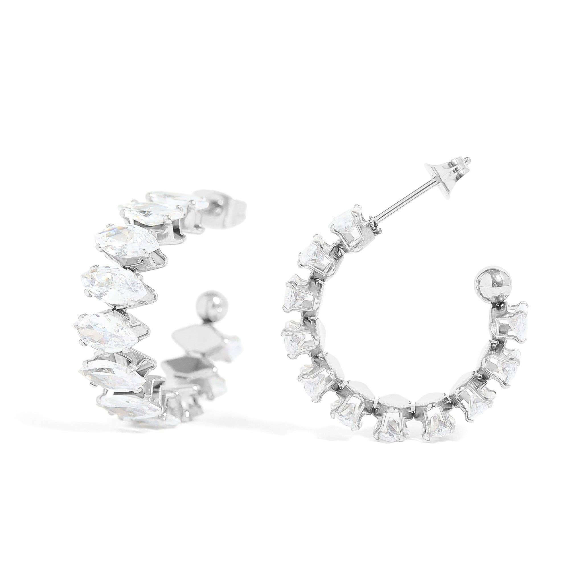 WJW - Wholesale Hoop Earrings - 18K Gold PVD Stainless Steel Marquis CZ Stone Hoop Earrings4