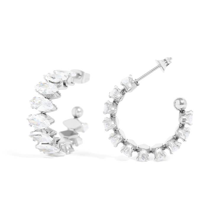 WJW - Wholesale Hoop earrings - 18K Gold PVD Stainless Steel Marquis CZ Stone Hoop Earrings
