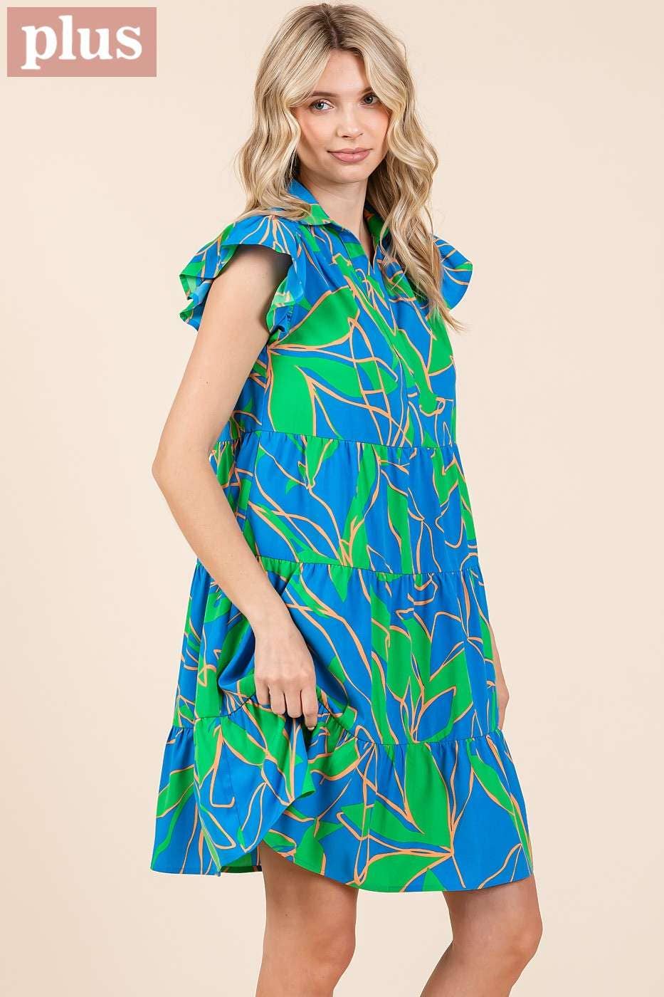 mittoshop - Wholesale Dress - Women's - PLUS LEAF PRINT RUFFLE SLEEVE TIERED MINI DRESS9