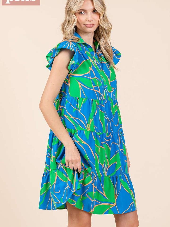 mittoshop - Wholesale Dress - Women's - PLUS LEAF PRINT RUFFLE SLEEVE TIERED MINI DRESS9