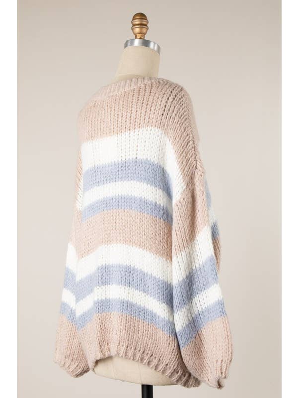 MIRACLE - Wholesale Knit Sweater - Women's - Puff Sleeve V Neck Striped Cable Knit Sweater