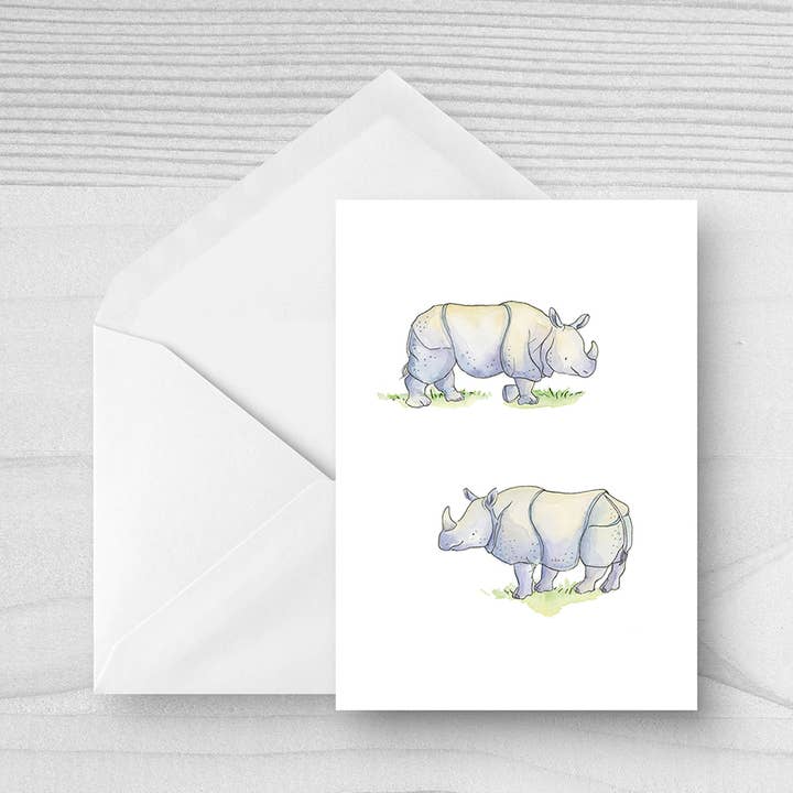 Grußkarte mit zwei Nashörnern für den Großhandel von Lizzie Martell Illustration