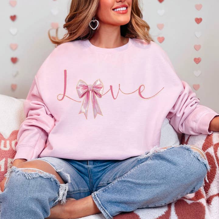 Preppy Love Coquette Bow Script Sweatshirt Valentine’s Day for wholesale by Gia Gifts Boutique