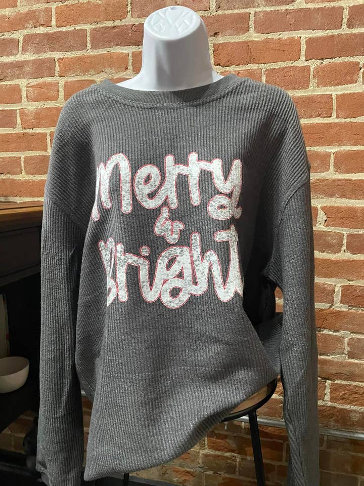 Merry & Bright Charcoal Corded Sweatshirt for wholesale by Sweet Butterfly Boutique