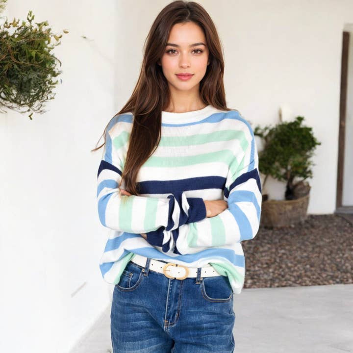 Blue Striped Knit Sweater with Long Sleeves and Relaxed Fit for wholesale on Faire
