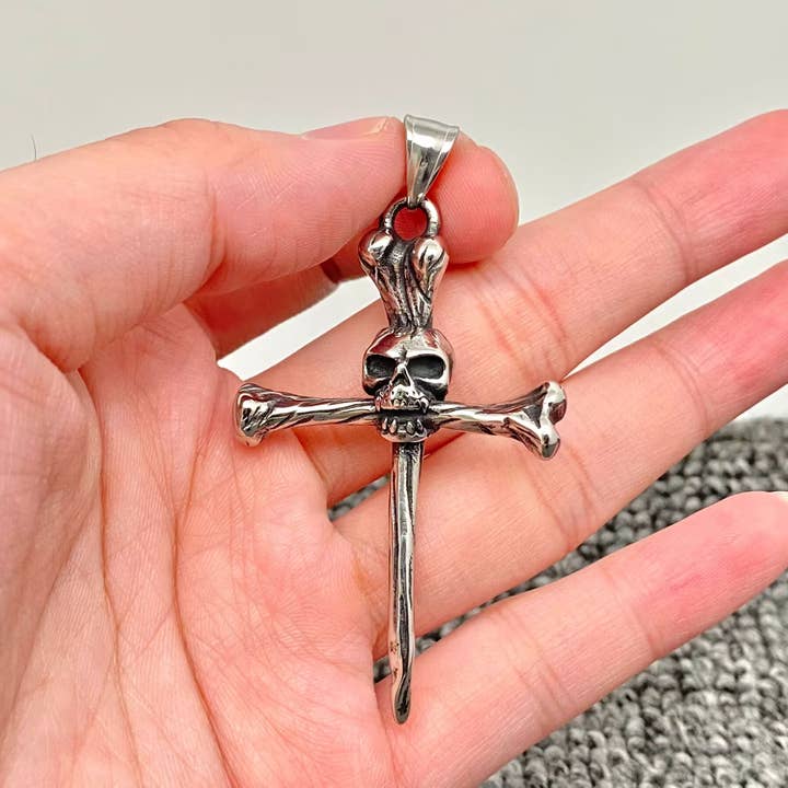 Stainless Steel Gothic Skull Cross Charm Pendant - MJ/MNP/GT for wholesale by Mio Queena