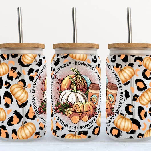 Hayrides Bonfires S'mores Sweaters Flannels Pumpkin Leaves Fall 16oz Libbey Glass Tumbler for wholesale by Kate Haven Glass Tumblers for Every Occasion