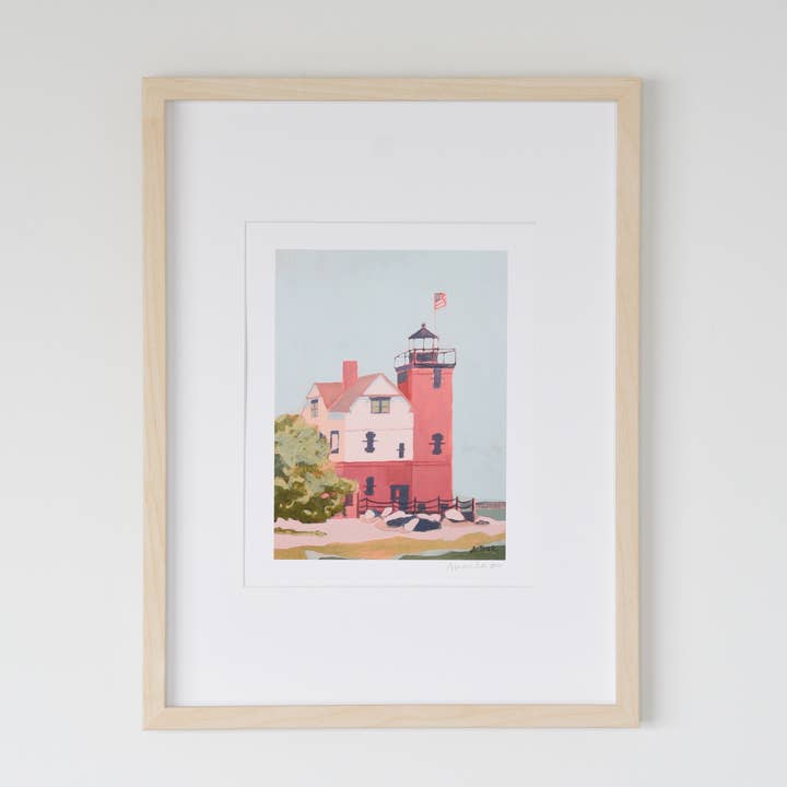 8x10 Old Round Island Point Lighthouse Print for wholesale by Amanda Bur Art