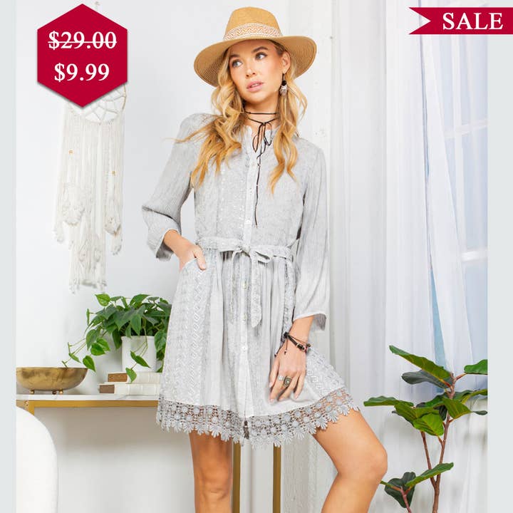 Young Threads - Wholesale Dress - Women's - Bohemian Baby Doll Shirt Dress In Mandarin With Embroidery