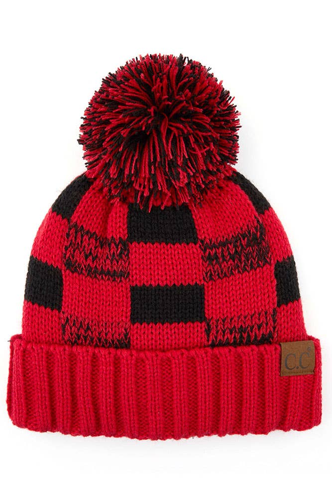 Hana - Wholesale Beanie - Women's - C.C Buffalo Check Team Color Beanie with Pom Winter Beanie0