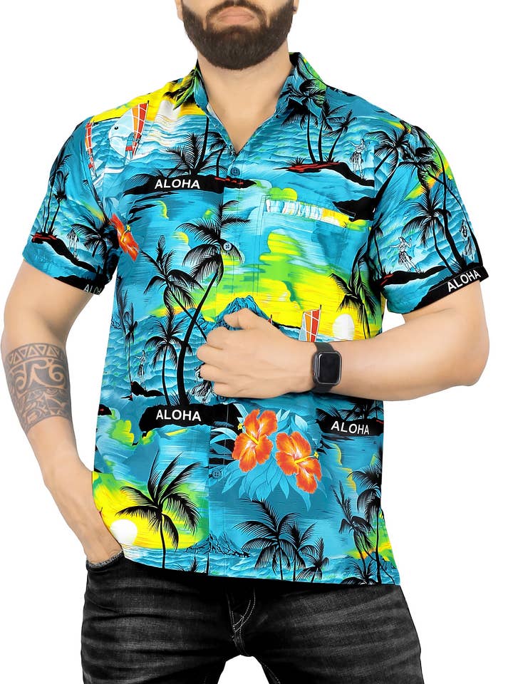LA LEELA Men's Hawaiian Beach Shirts L Teal,Metallic Beach for wholesale by LA LEELA \ HAPPY BAY