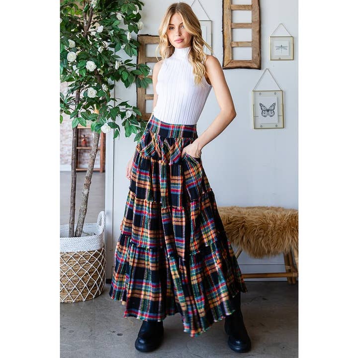MINERAL WASHED PLAID TIERED MAXI SKIRT for wholesale by Oli&Hali