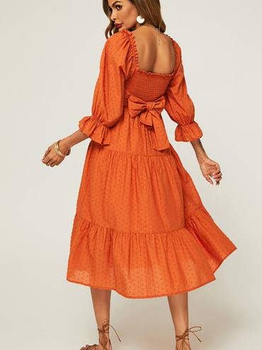 FS Collection – Engroshandel Kjole - Dame – Puff flæse ærme elastik detaljer Midi kjole i orange