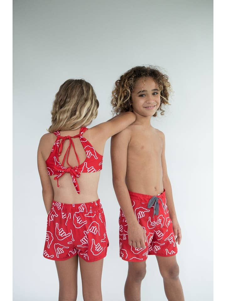 Kid’s Retro Boardshorts in Red Shaka for wholesale on Faire