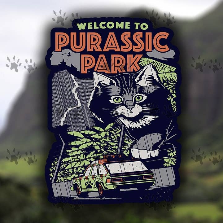 Purassic Park, Sjovt klistermærke, katteelsker, filmklistermærke, sjove citater, humor, mærkat, bærbar, vandflaske, tumbler, køler, værktøjskasse, gaveidé for engroshandel hos The Red Otter