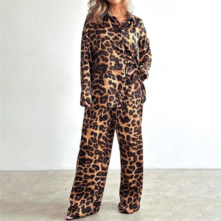 Conjunto de top y pantalón de manga larga con estampado de leopardo para venta al por mayor de UZ Wholesale Store