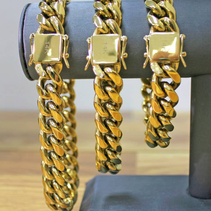 DIJU Jewelry – Engroshandel Armbånd med led og kæde – 14mm Miami Cuban Link armbånd i 14 k guld fyldt med dobbelt sikkerhed lås boks lås, Unisex bremse kæde, engros smykker Supplies