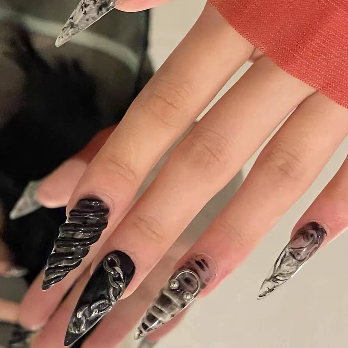 vibeficant - Wholesale Press-On/Fake Nails - Black Handmade Gel Press on Nails Long Stiletto Silver Star Badge Design0