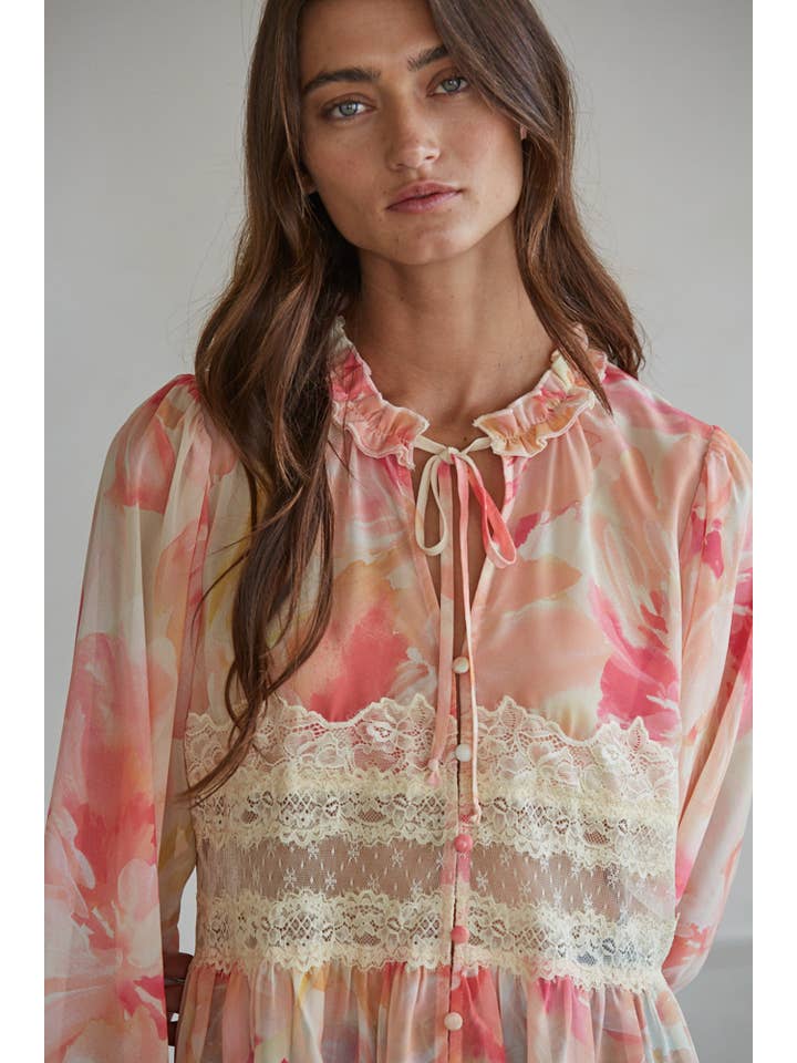 Coral Multi L9791 | Woven Polyester Floral Print Button Down Top for wholesale on Faire2